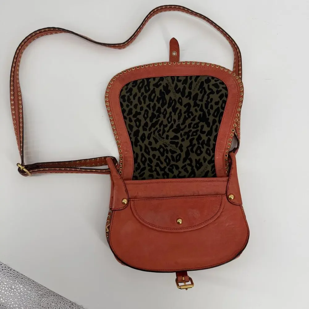 VTG Burnt Orange Leather Studded Crossbody Bag Boho Saddle Purse Rebecca Minkoff